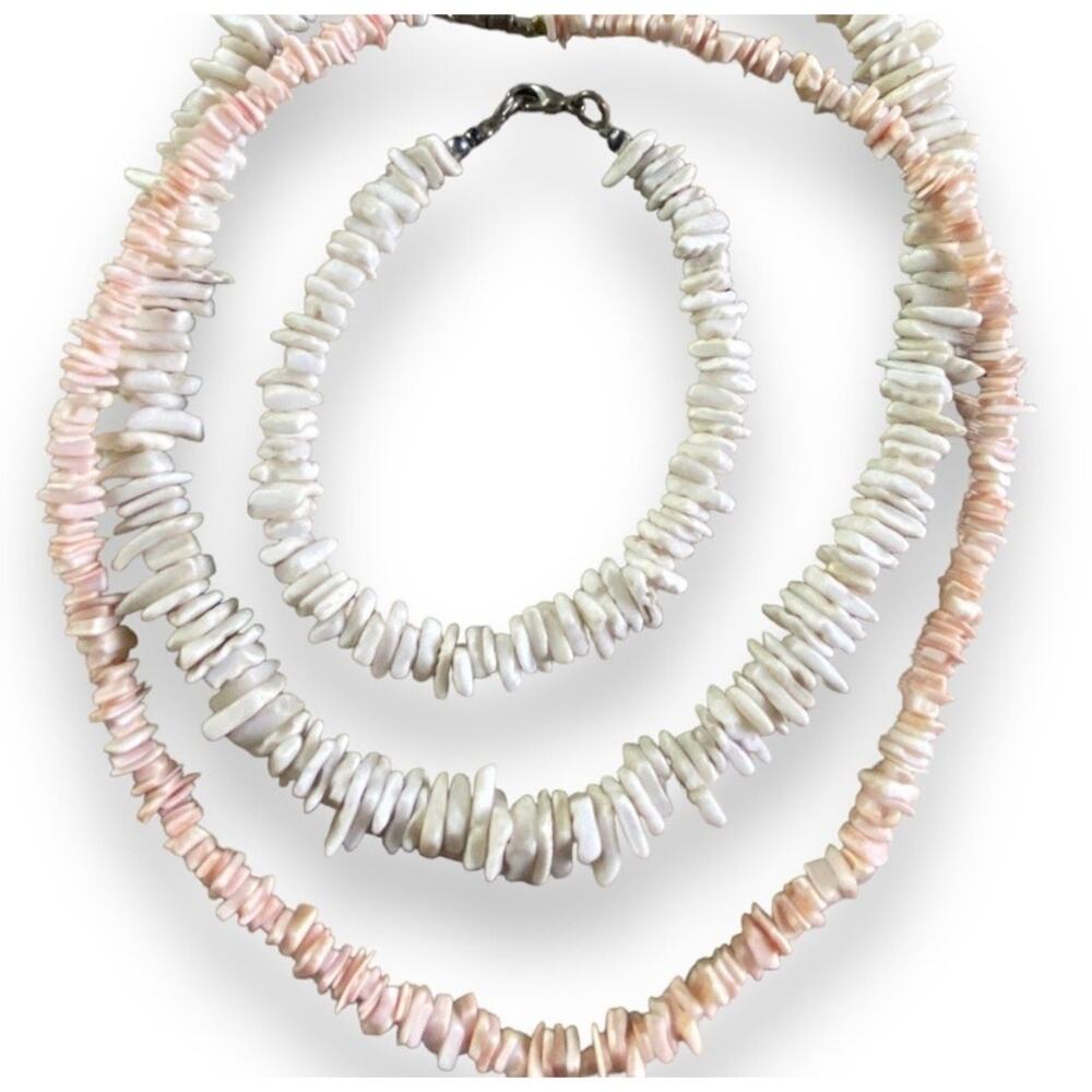 Vintage Real Seashell Chocker Necklaces & Bracelet-White & Pink Toned